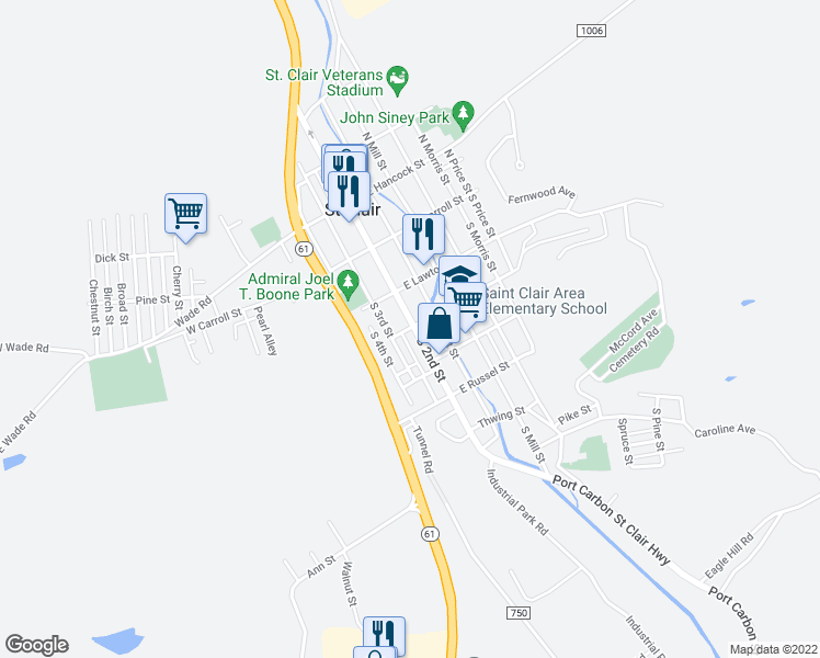 map of restaurants, bars, coffee shops, grocery stores, and more near 102 South 2nd Street in Saint Clair