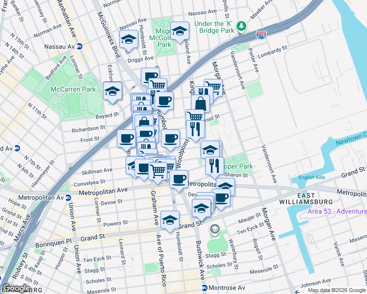map of restaurants, bars, coffee shops, grocery stores, and more near 155 Woodpoint Road in Brooklyn