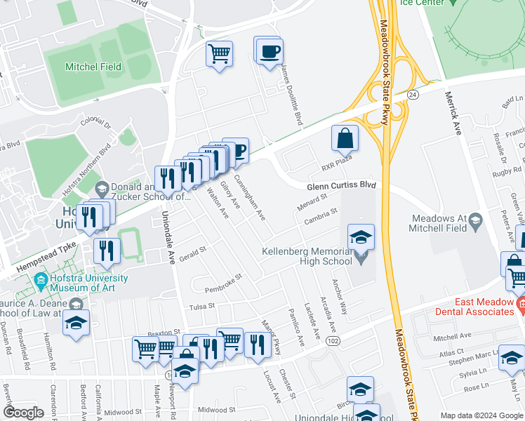 map of restaurants, bars, coffee shops, grocery stores, and more near 93 Cunningham Avenue in Uniondale