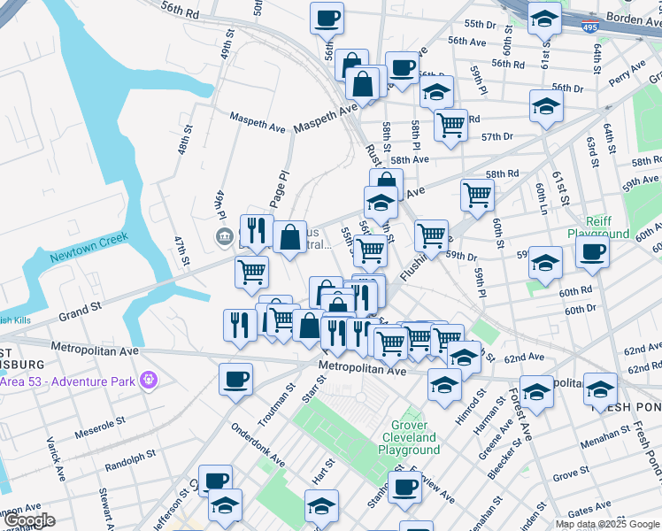 map of restaurants, bars, coffee shops, grocery stores, and more near 58-96 55th Street in Queens