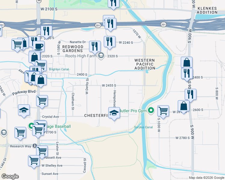 map of restaurants, bars, coffee shops, grocery stores, and more near 2472 Hempstead Street in West Valley City