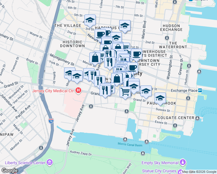map of restaurants, bars, coffee shops, grocery stores, and more near 258 Barrow Street in Jersey City