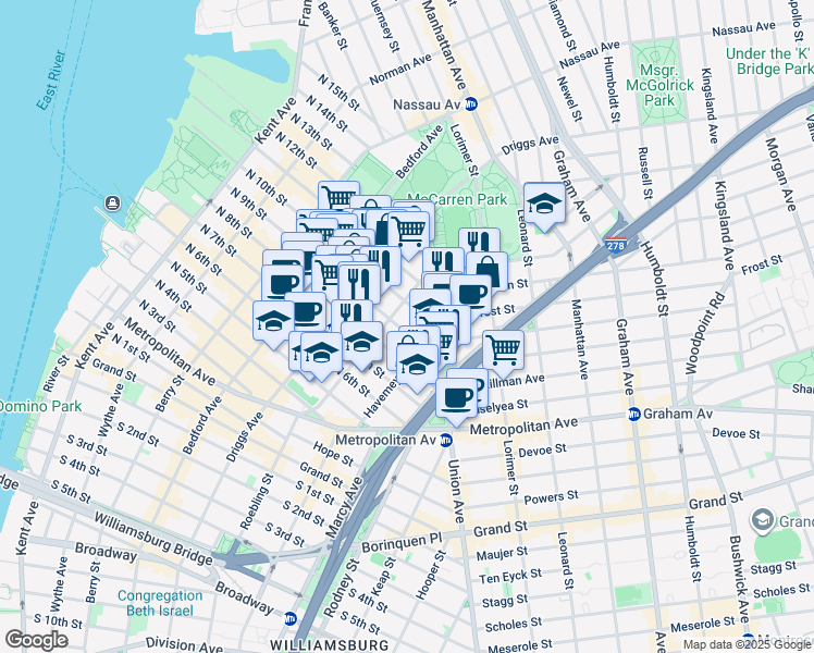 map of restaurants, bars, coffee shops, grocery stores, and more near 239 North 9th Street in Brooklyn