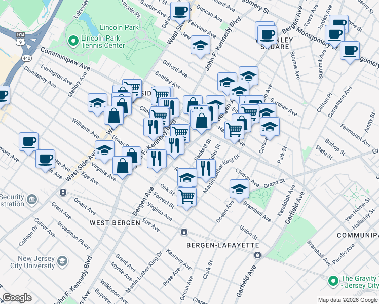 map of restaurants, bars, coffee shops, grocery stores, and more near 467 Bergen Avenue in Jersey City