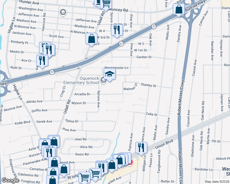 map of restaurants, bars, coffee shops, grocery stores, and more near 380 Arcadia Drive in West Islip