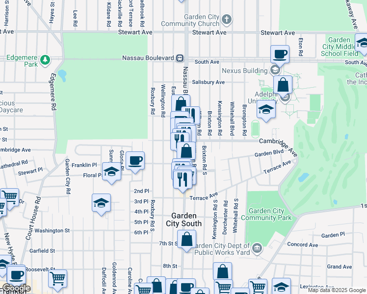 map of restaurants, bars, coffee shops, grocery stores, and more near 22 Nassau Boulevard South in Garden City South
