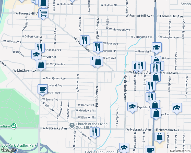 map of restaurants, bars, coffee shops, grocery stores, and more near 710 West McClure Avenue in Peoria