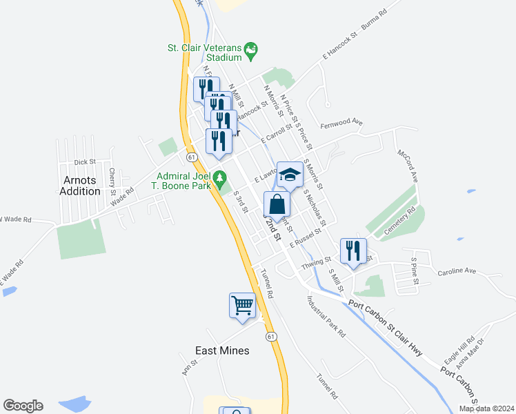 map of restaurants, bars, coffee shops, grocery stores, and more near 104 South 2nd Street in Saint Clair