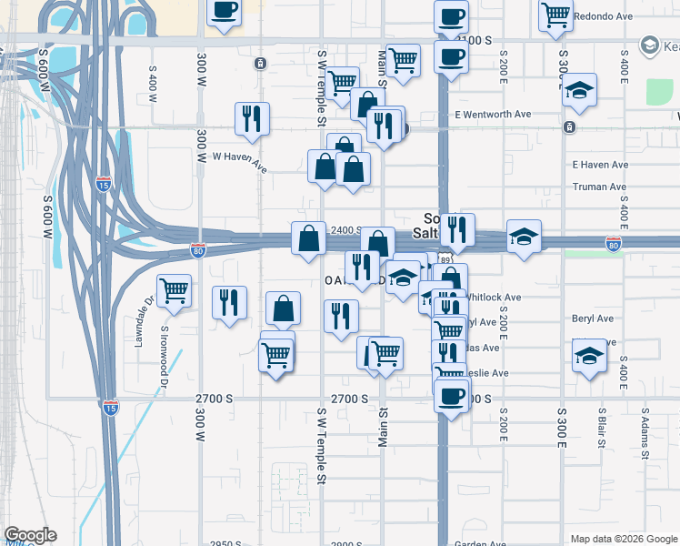 map of restaurants, bars, coffee shops, grocery stores, and more near 43 West Robert Avenue in South Salt Lake