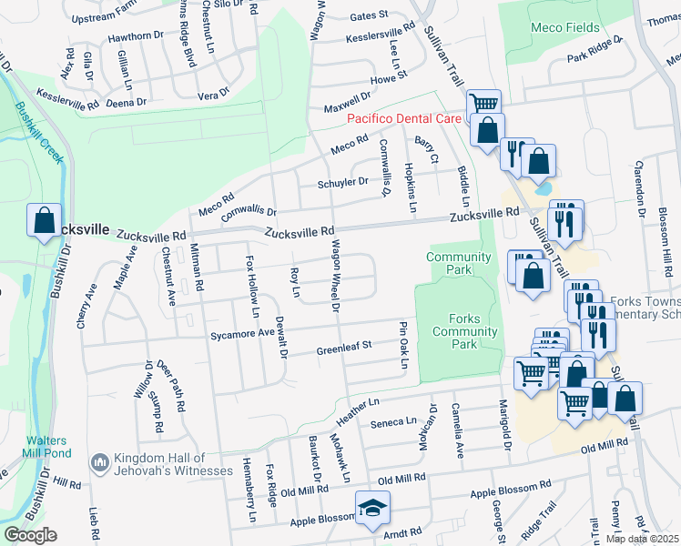 map of restaurants, bars, coffee shops, grocery stores, and more near 967 Betty Lane in Easton
