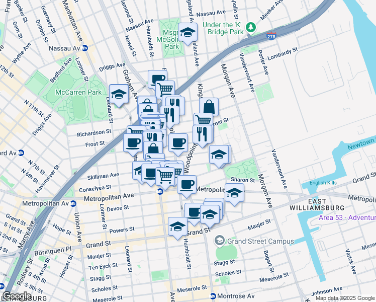 map of restaurants, bars, coffee shops, grocery stores, and more near 222 Withers Street in Brooklyn