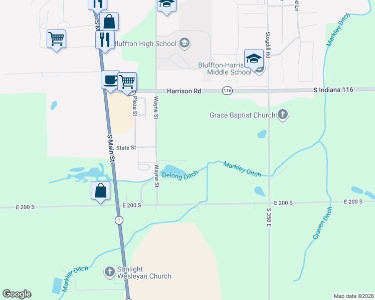 map of restaurants, bars, coffee shops, grocery stores, and more near 1939 South 300 East in Bluffton