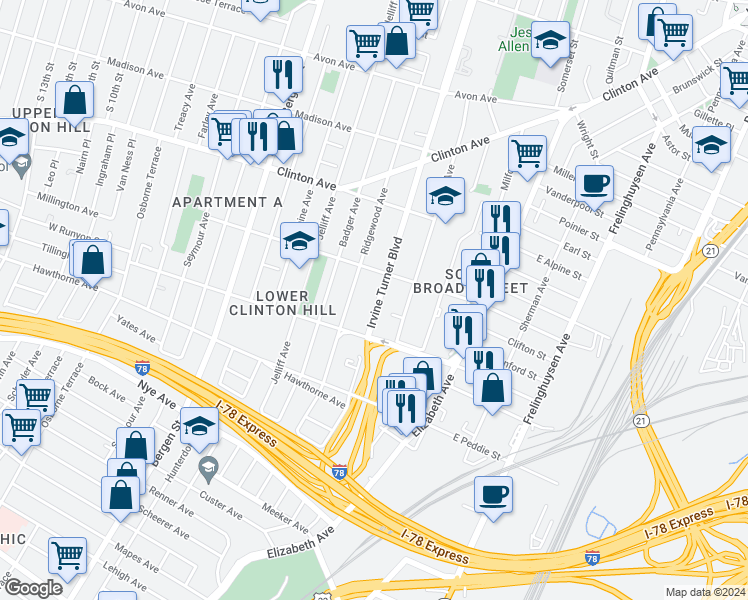 map of restaurants, bars, coffee shops, grocery stores, and more near 486 Irvine Turner Boulevard in Newark