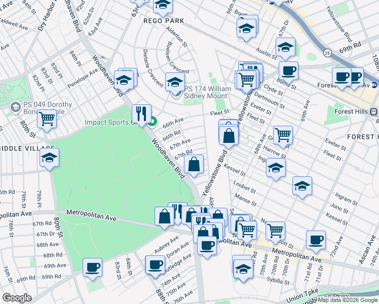 map of restaurants, bars, coffee shops, grocery stores, and more near 67th Road in Queens