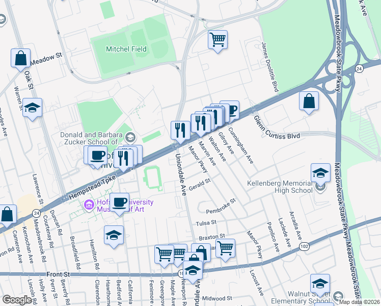 map of restaurants, bars, coffee shops, grocery stores, and more near 1131 Mckenna Place in Uniondale
