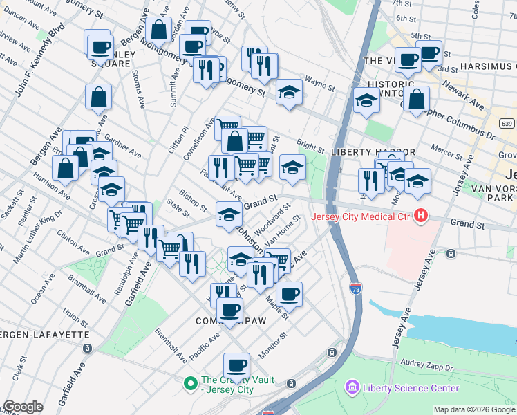 map of restaurants, bars, coffee shops, grocery stores, and more near 579 Grand Street in Jersey City
