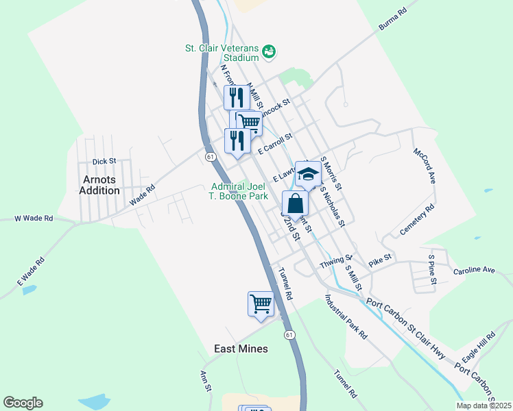 map of restaurants, bars, coffee shops, grocery stores, and more near 128 South 3rd Street in Saint Clair