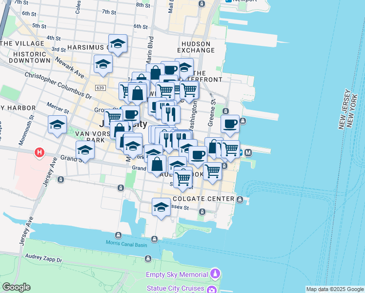 map of restaurants, bars, coffee shops, grocery stores, and more near 100 Montgomery Street in Jersey City