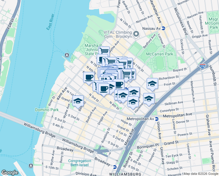 map of restaurants, bars, coffee shops, grocery stores, and more near 198 Bedford Avenue in Brooklyn