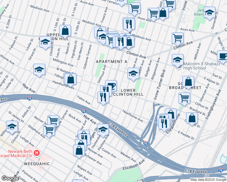 map of restaurants, bars, coffee shops, grocery stores, and more near in Newark