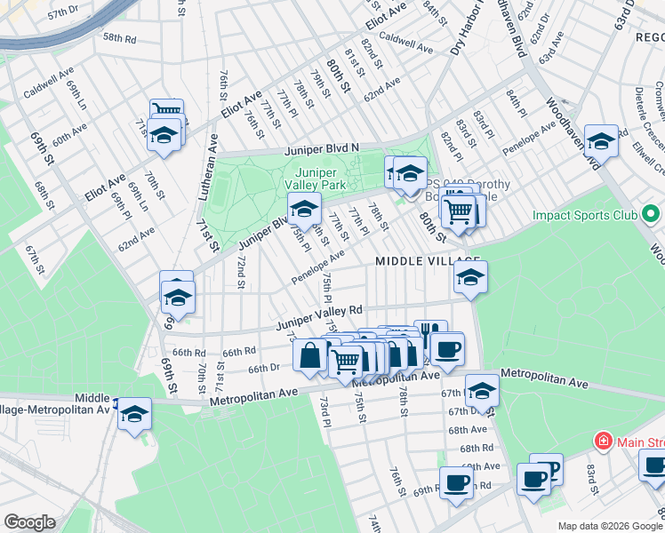 map of restaurants, bars, coffee shops, grocery stores, and more near in Queens