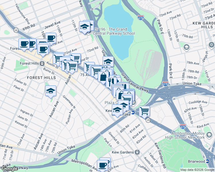 map of restaurants, bars, coffee shops, grocery stores, and more near 114-06 Queens Boulevard in Queens