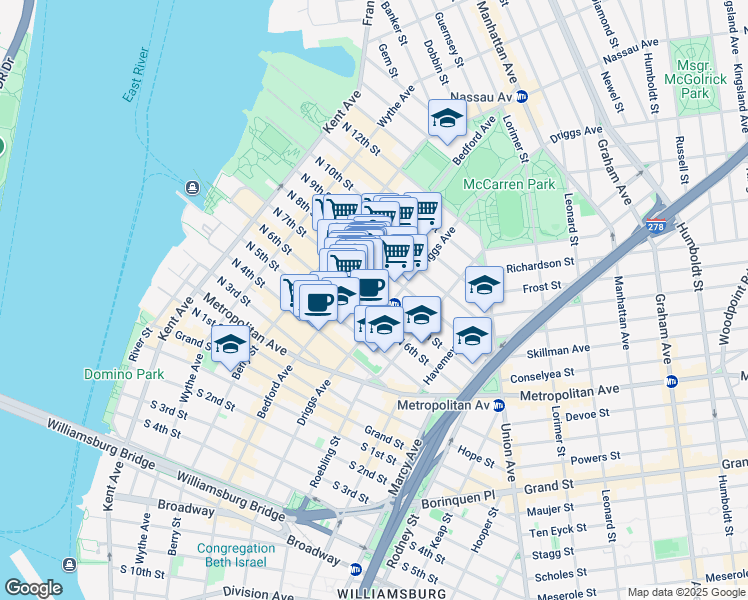 map of restaurants, bars, coffee shops, grocery stores, and more near 184 Bedford Avenue in Brooklyn
