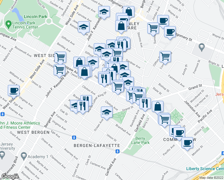 map of restaurants, bars, coffee shops, grocery stores, and more near 54 Harrison Avenue in Jersey City
