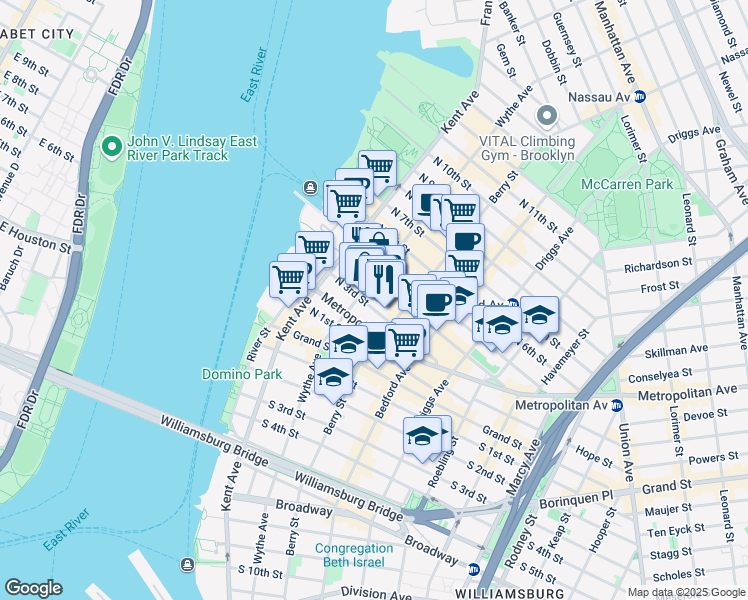 map of restaurants, bars, coffee shops, grocery stores, and more near 76 North 4th Street in Brooklyn