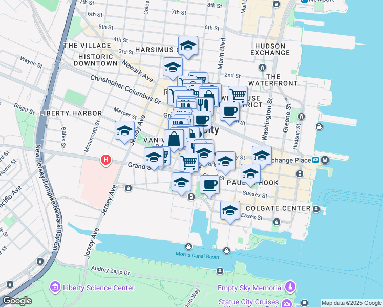 map of restaurants, bars, coffee shops, grocery stores, and more near 191 Montgomery Street in Jersey City