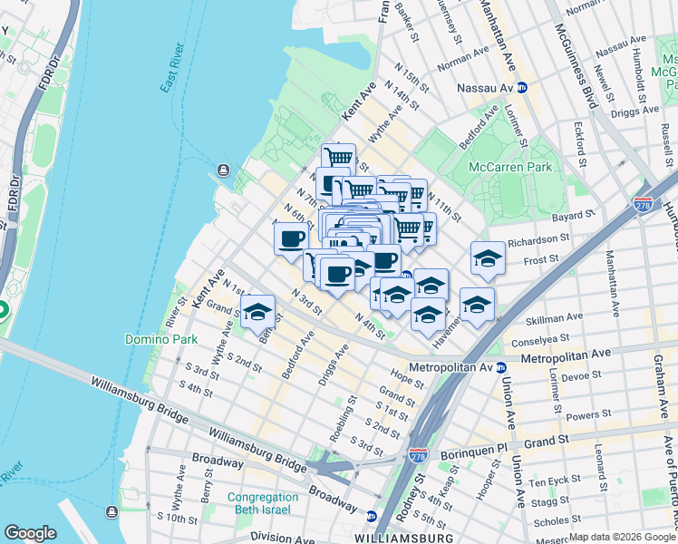 map of restaurants, bars, coffee shops, grocery stores, and more near 198 Bedford Avenue in Brooklyn