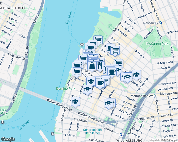 map of restaurants, bars, coffee shops, grocery stores, and more near 225 Wythe Avenue in Brooklyn