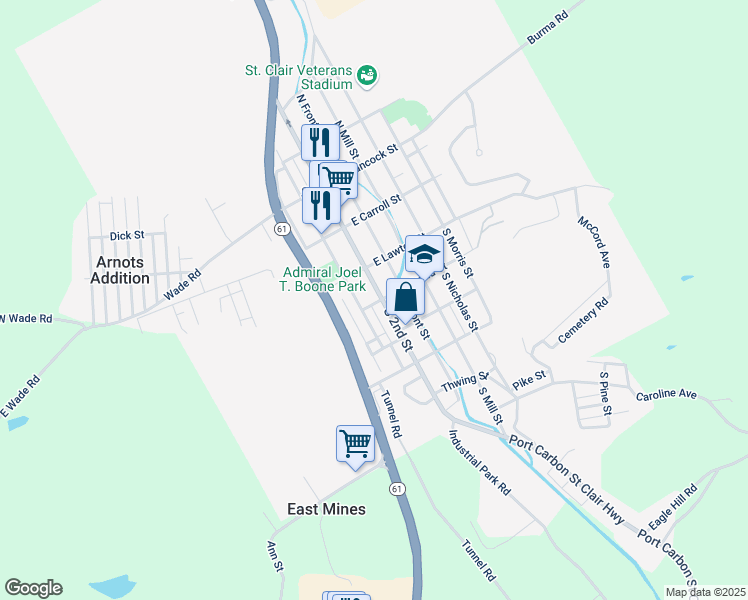 map of restaurants, bars, coffee shops, grocery stores, and more near 140 South 2nd Street in Saint Clair