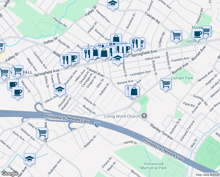map of restaurants, bars, coffee shops, grocery stores, and more near 319 Indiana Street in Union