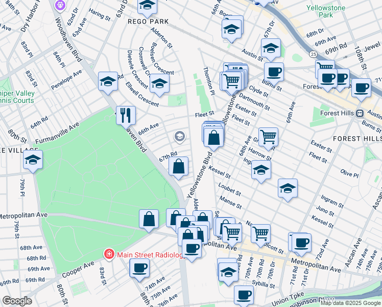map of restaurants, bars, coffee shops, grocery stores, and more near 85-98 67th Road in Queens