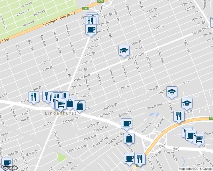 map of restaurants, bars, coffee shops, grocery stores, and more near 916 5th Street in West Babylon