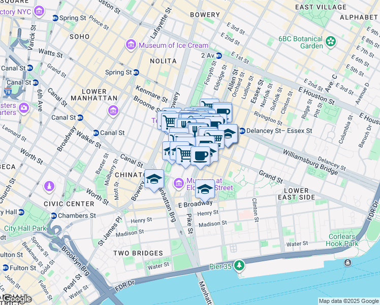 map of restaurants, bars, coffee shops, grocery stores, and more near 111 Eldridge Street in New York