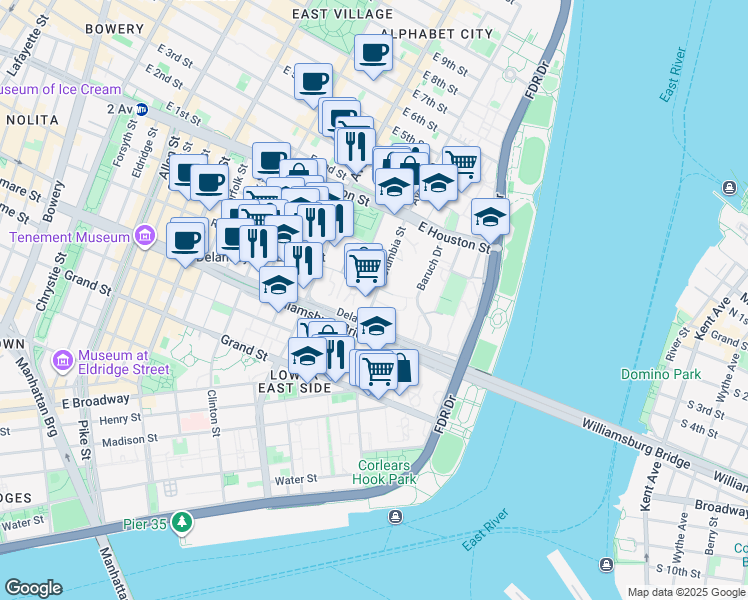 map of restaurants, bars, coffee shops, grocery stores, and more near Columbia Street in New York