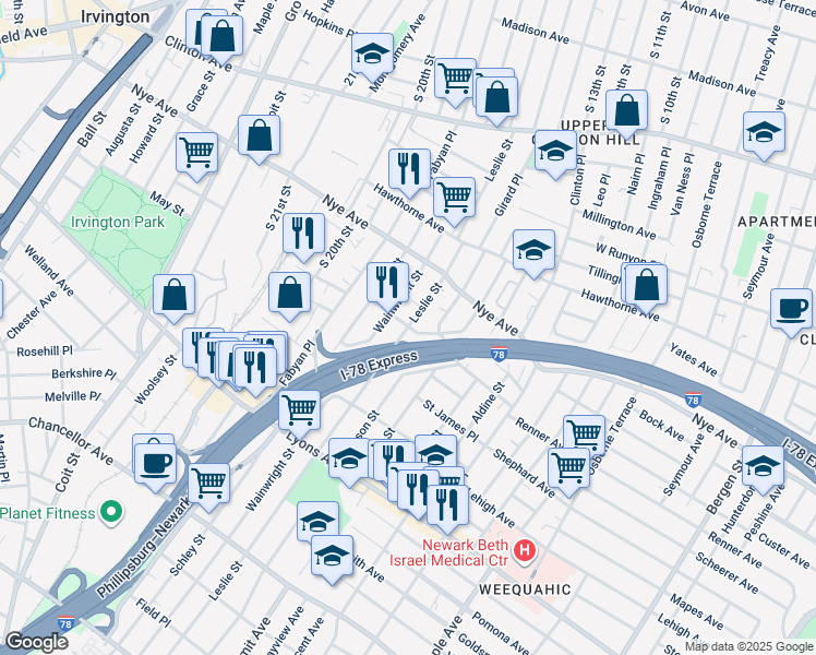 map of restaurants, bars, coffee shops, grocery stores, and more near Leslie Street & Bragaw Avenue in Newark