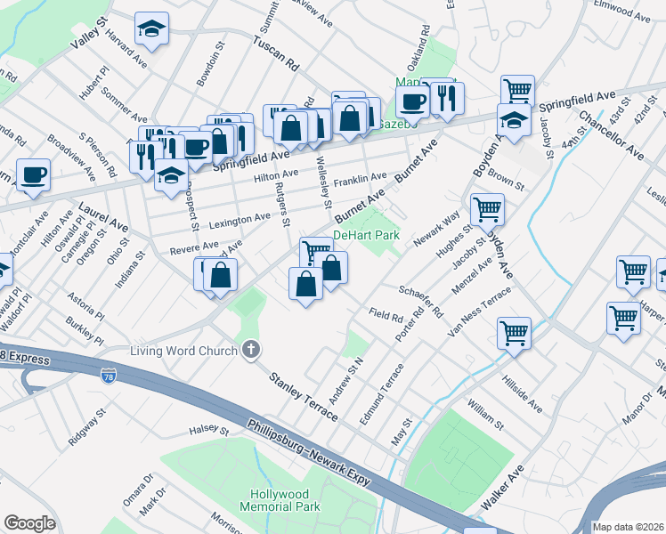 map of restaurants, bars, coffee shops, grocery stores, and more near 25 Toronto Court in Maplewood
