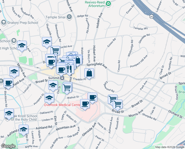map of restaurants, bars, coffee shops, grocery stores, and more near 24 Hobart Avenue in Summit