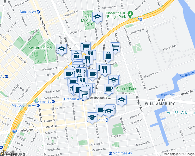 map of restaurants, bars, coffee shops, grocery stores, and more near 156 Woodpoint Road in Brooklyn