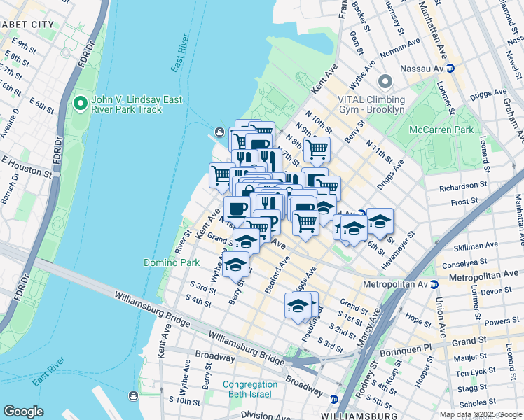 map of restaurants, bars, coffee shops, grocery stores, and more near 85 North 3rd Street in Brooklyn