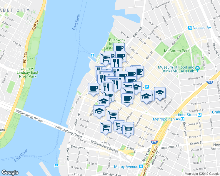 map of restaurants, bars, coffee shops, grocery stores, and more near 85 North 3rd Street in Brooklyn