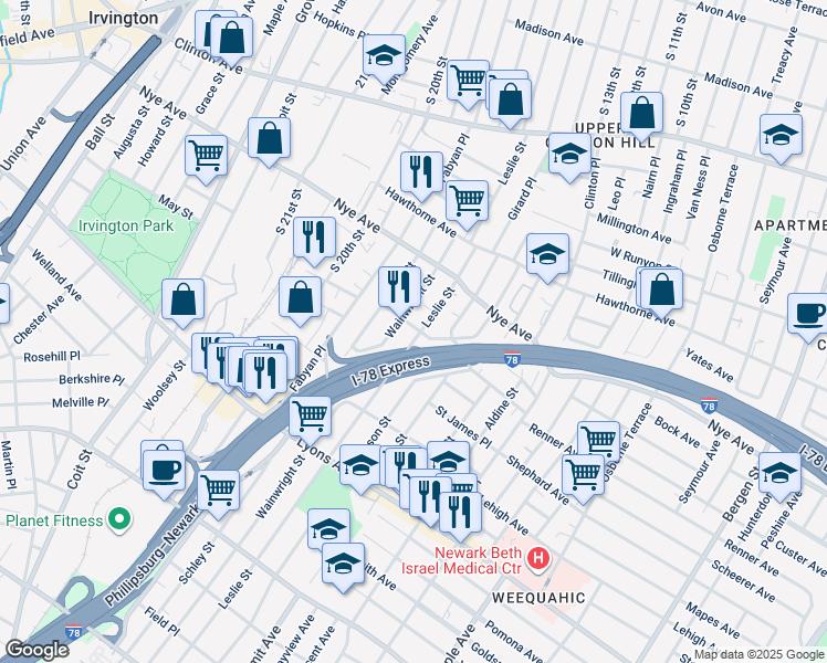 map of restaurants, bars, coffee shops, grocery stores, and more near 179 Leslie Street in Newark