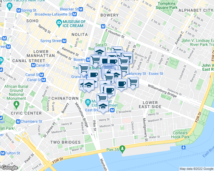 map of restaurants, bars, coffee shops, grocery stores, and more near Grand St & Orchard St in New York