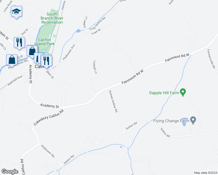 map of restaurants, bars, coffee shops, grocery stores, and more near County Road 512 & Guinea Hollow Road in Califon