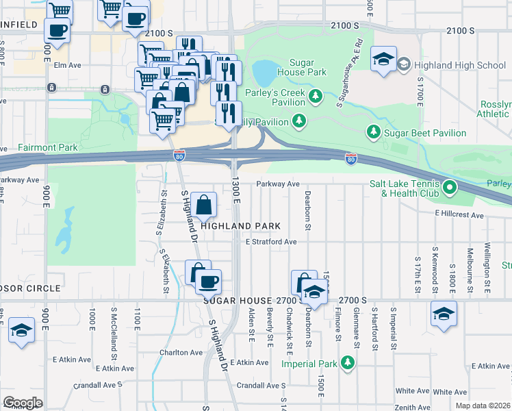 map of restaurants, bars, coffee shops, grocery stores, and more near 2492 Beverly Street East in Salt Lake City