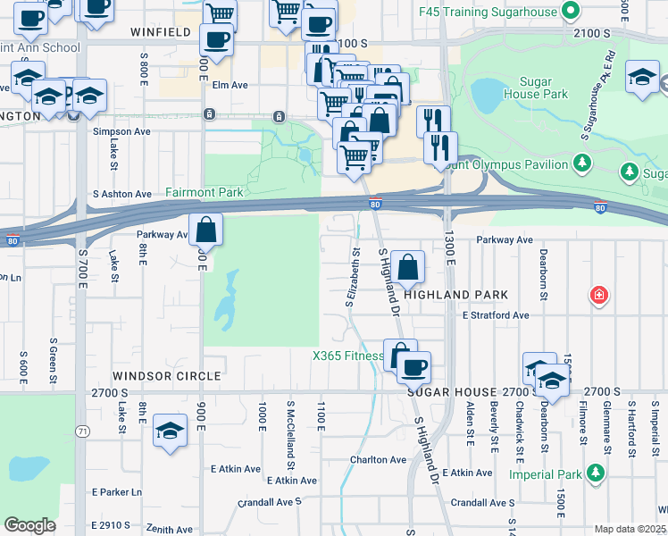 map of restaurants, bars, coffee shops, grocery stores, and more near 2434 South Elizabeth Street in Salt Lake City