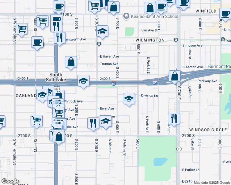 map of restaurants, bars, coffee shops, grocery stores, and more near 376 East Robert Avenue in South Salt Lake